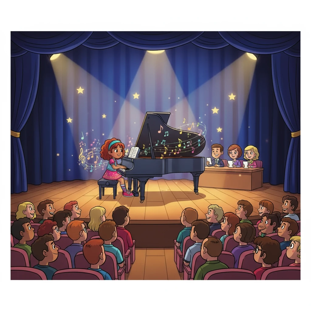 Stefania entered a local music competition. The stage was bright, and the audience was large. She played her heart out, her fingers flying across the keys, the music flowing from her soul. The judges and the audience were captivated by her performance.