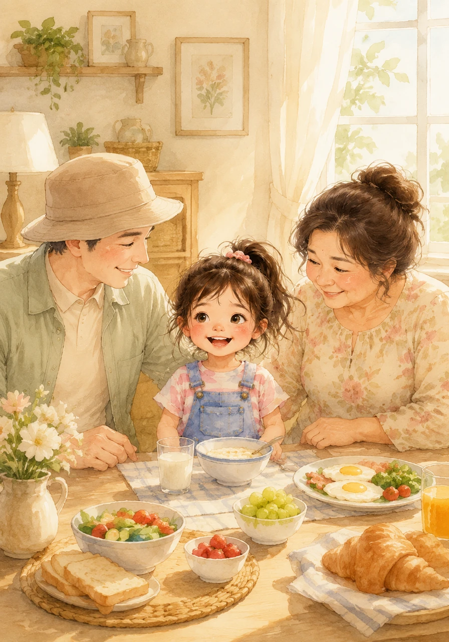 In a cozy house filled with warmth, little Zizi wakes up to a bright sunny morning, eager for a new day. Her father, Ayah Fahmi, and mother, Bunda Iis, greet her with loving smiles and a delicious breakfast.