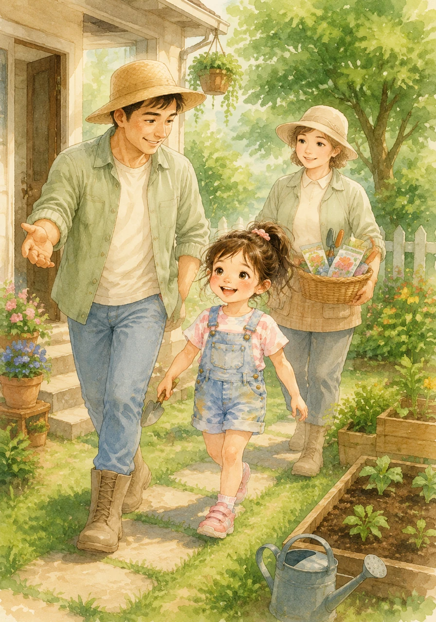 After breakfast, Ayah Fahmi puts on his gardening hat and invites Zizi out to the backyard for a special project. Bunda Iis follows close behind, carrying a basket of colorful flower seeds and tiny gardening tools just for Zizi.