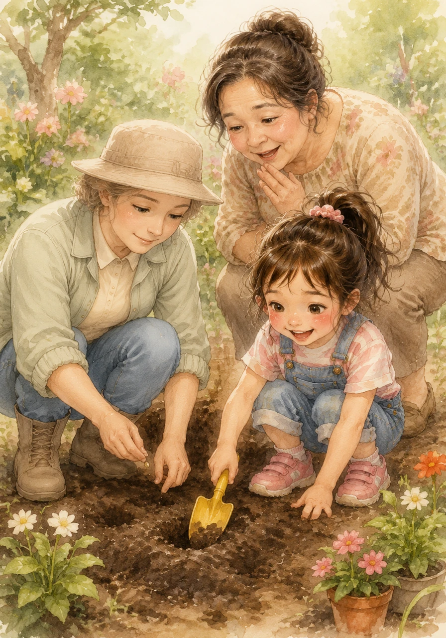 Zizi giggles with delight as she digs small holes in the soft, rich earth with her bright yellow shovel. Ayah Fahmi shows her how to gently plant the seeds, while Bunda Iis whispers a little rhyme to help the flowers grow.
