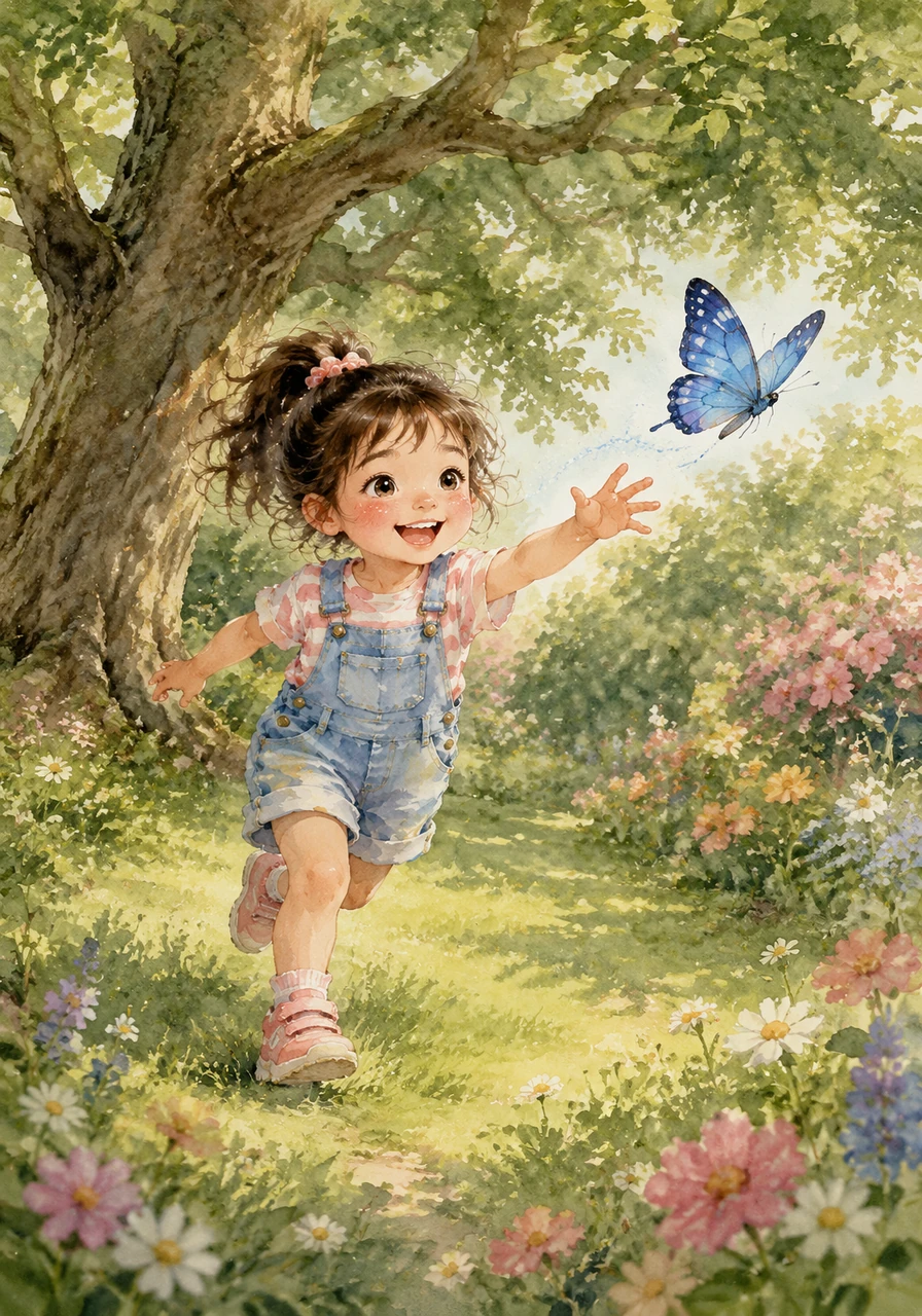 Suddenly, a fluttering splash of color catches Zizi's eye near the old oak tree. A beautiful butterfly with shimmering blue wings dances through the air, leading Zizi on a playful chase around the garden.