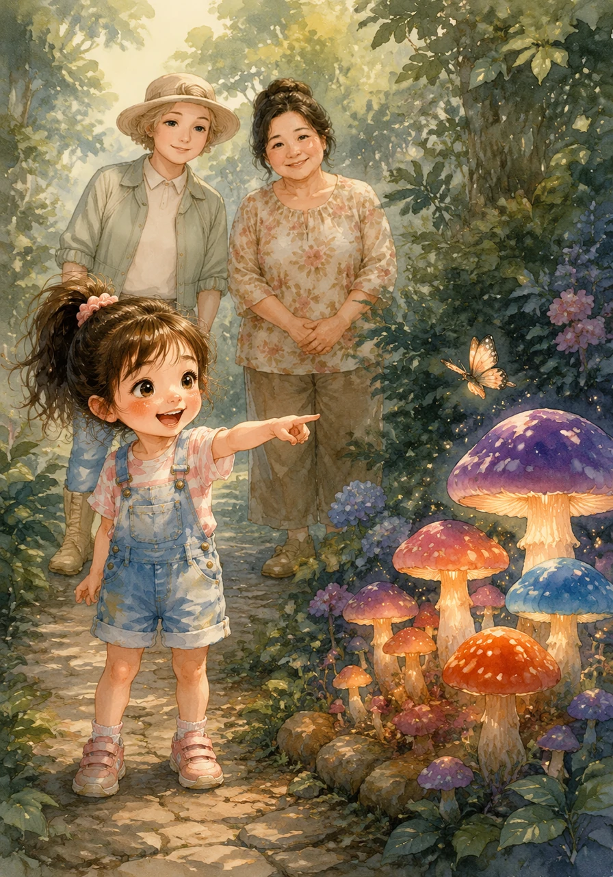 Following the butterfly, Zizi discovers a hidden patch of giant, colorful mushrooms tucked away in a shady corner. She calls out to Ayah Fahmi and Bunda Iis, her eyes wide with wonder at her magical discovery.