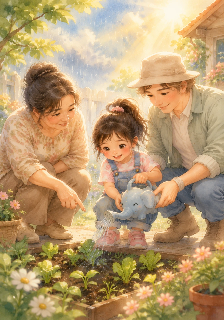 Bunda Iis kneels beside Zizi to explain how nature works, pointing out how the raindrops and sunshine help everything grow. Ayah Fahmi hands Zizi a small watering can shaped like an elephant so she can give the new plants a drink.