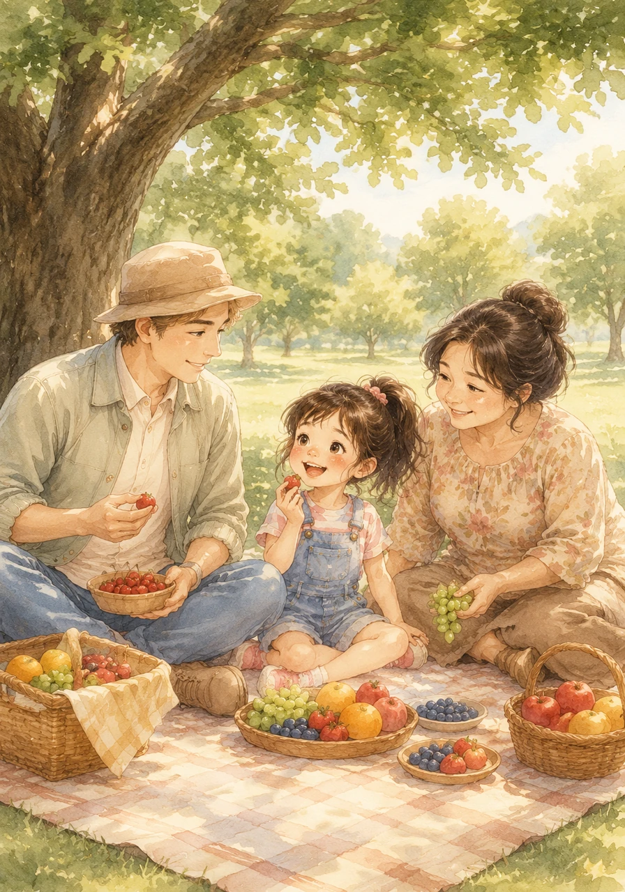 As the afternoon rolls in, the family rests under the shade of a big tree, enjoying a wonderful picnic spread prepared by Bunda Iis. They share sweet fruits and laugh together, feeling grateful for their happy day outside.