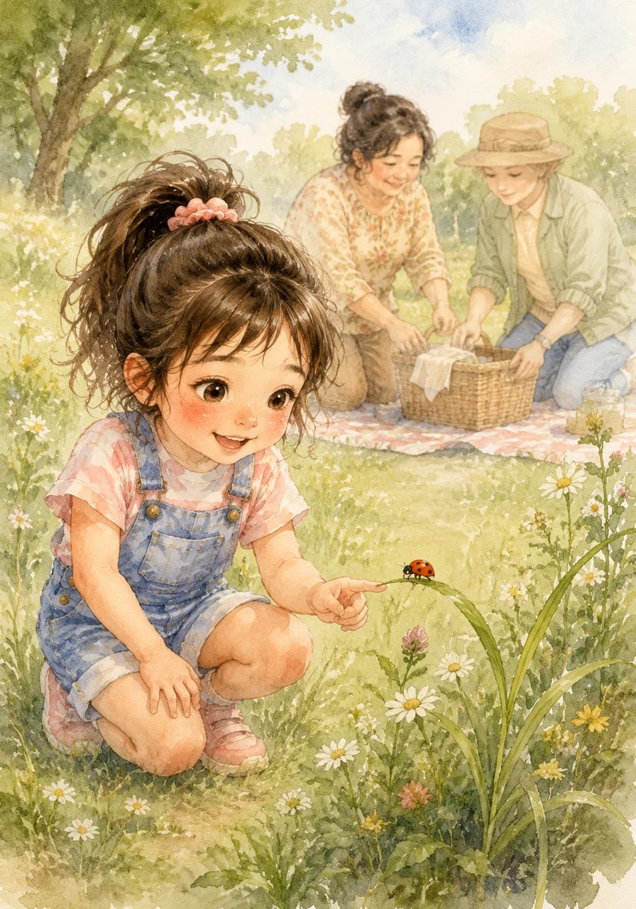 While her parents pack up the picnic, Zizi spots a tiny ladybug climbing up a long blade of grass. She carefully lets it crawl onto her finger, marveling at its bright red shell and tiny black spots.