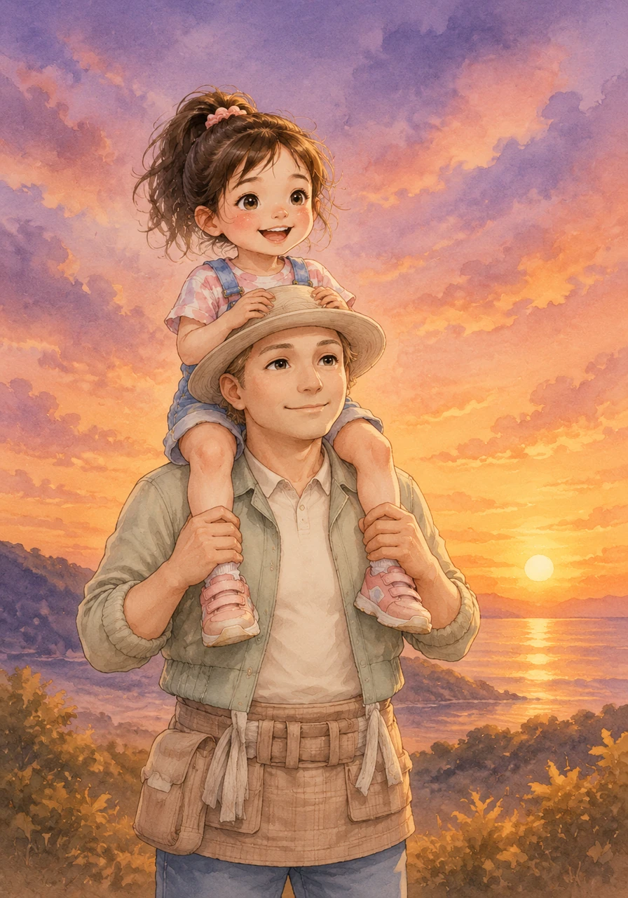 As the sun begins to set, painting the sky in beautiful shades of orange and purple, Ayah Fahmi lifts Zizi onto his shoulders. They watch the sunset together, feeling the warm evening breeze and the deep love of their family.
