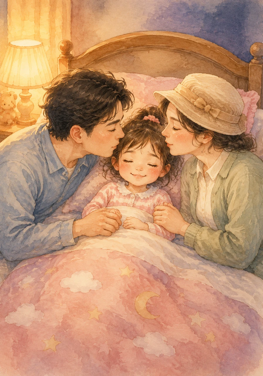 Tucked safely in her cozy bed, Zizi holds her parents' hands as they read her a bedtime story. With a heart full of happy garden memories and a soft kiss from Bunda Iis and Ayah Fahmi, she drifts off to sleep.