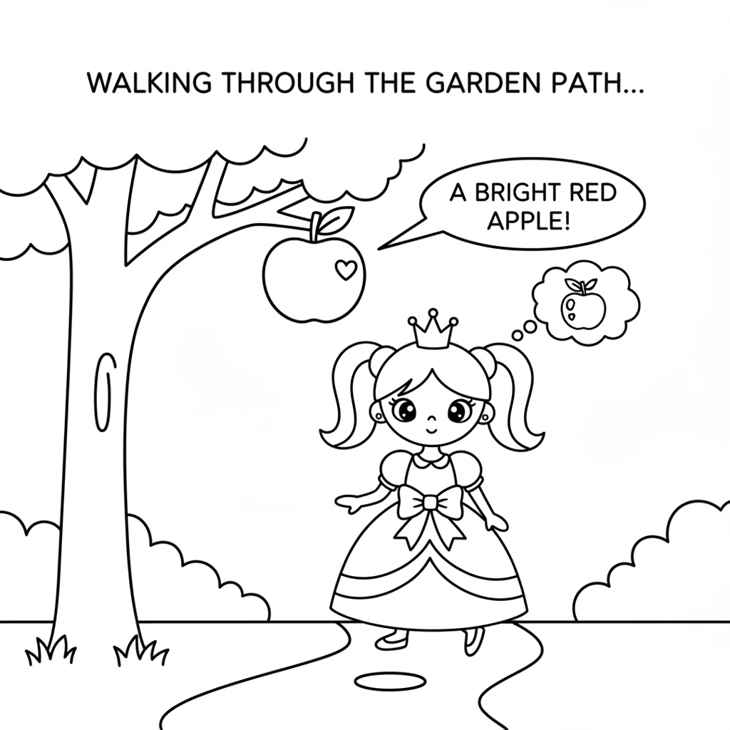 Walking through the garden path, Flora spotted something wonderful. High up on a branch, a bright red apple hung, perfectly round and inviting. She ad