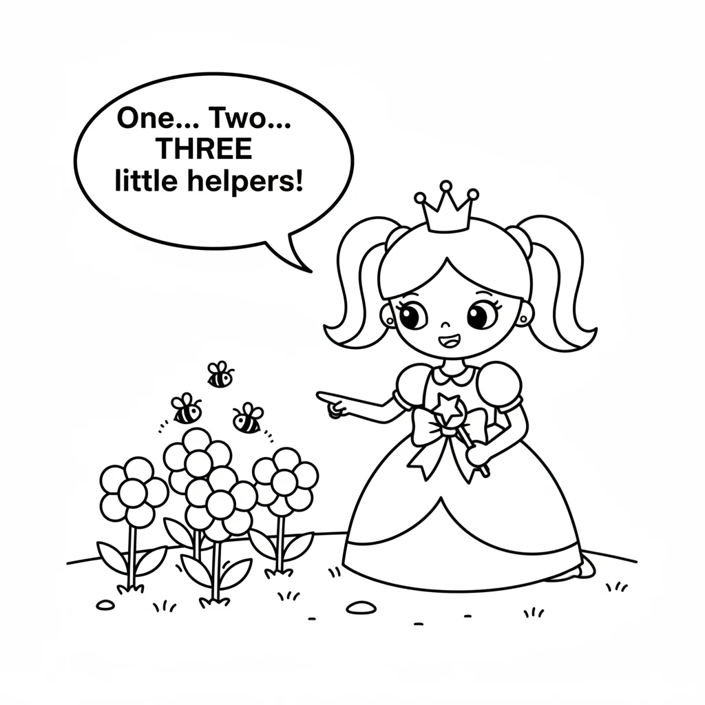 Near a patch of fragrant flowers, Flora saw three busy bees buzzing. They gently flew from bloom to bloom, collecting nectar. She counted them careful