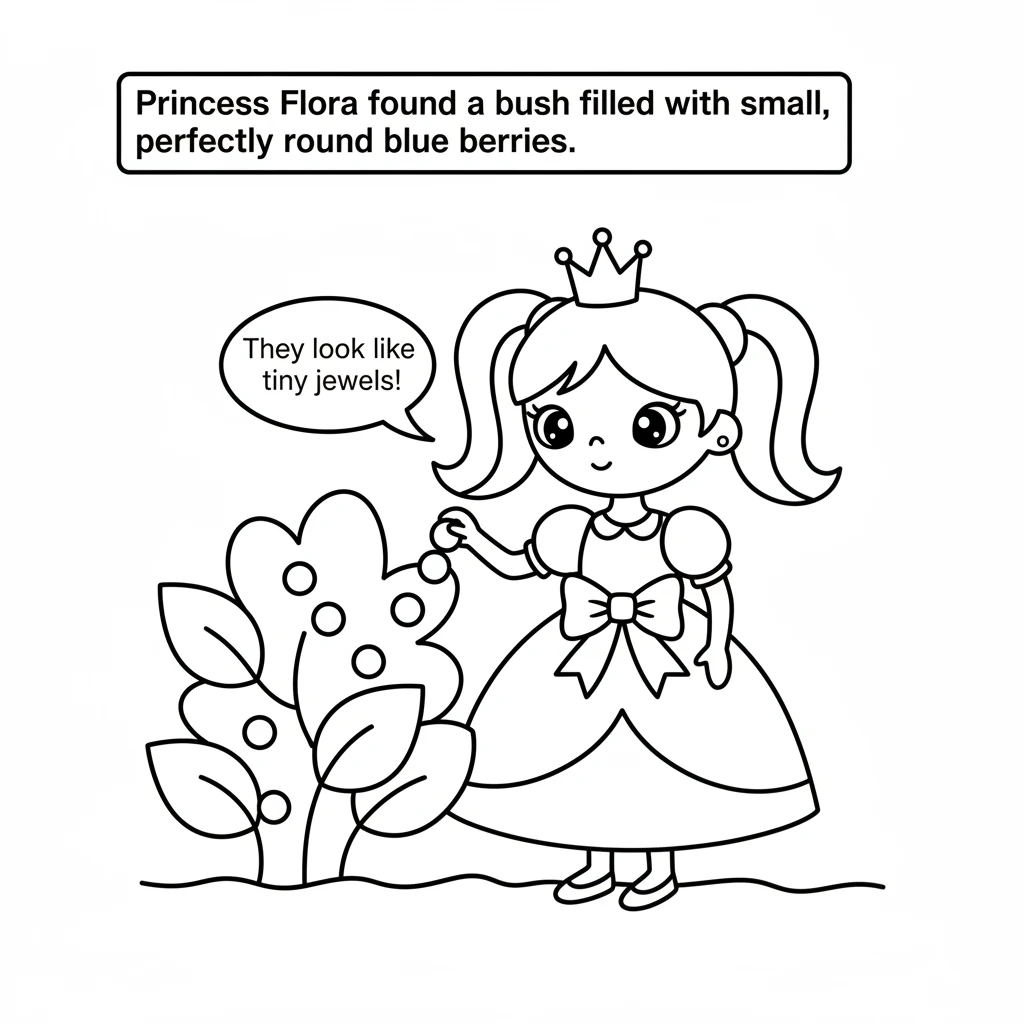 Deeper in the garden, Princess Flora found a bush filled with small, perfectly round blue berries. They looked like tiny jewels hidden among the green