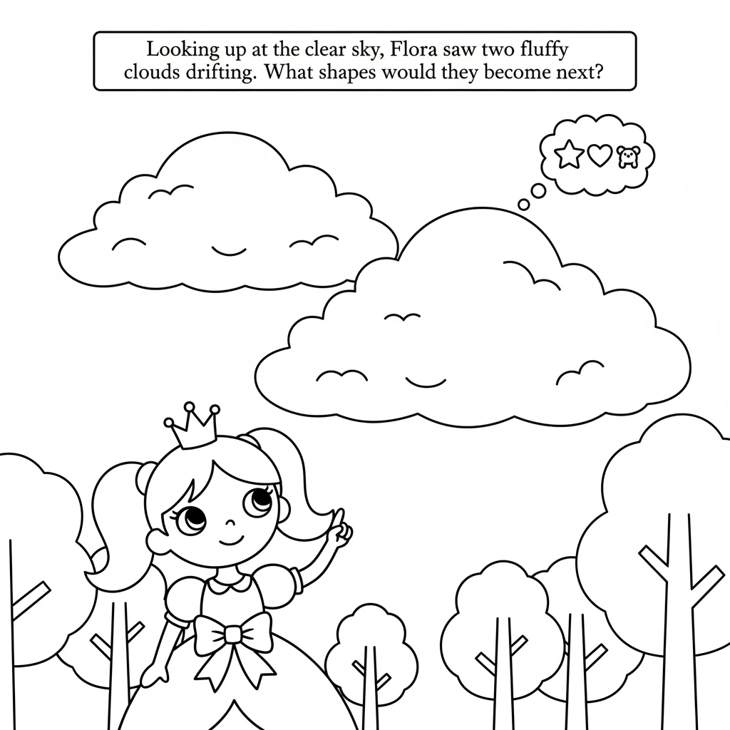 Looking up at the clear blue sky, Flora saw two fluffy white clouds drifting slowly by. They looked like soft cotton balls floating above the trees. S