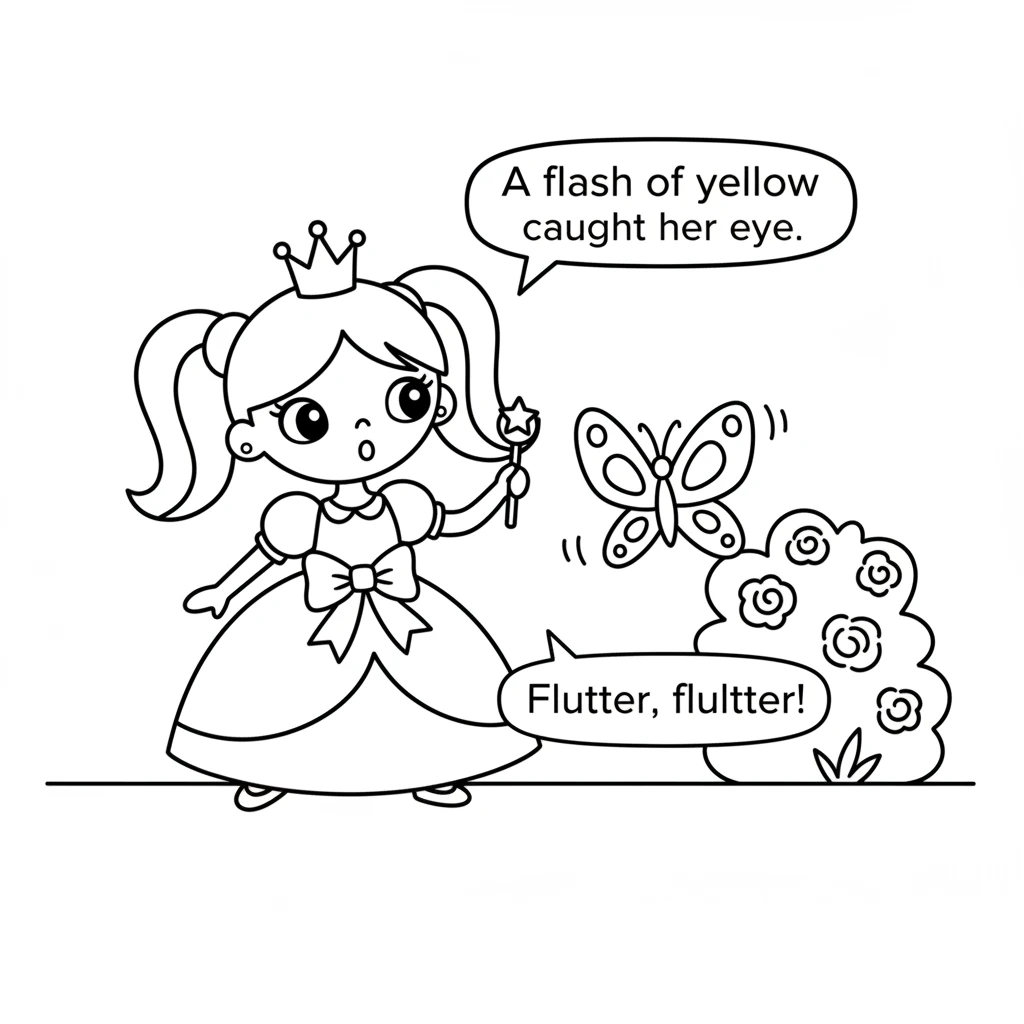 A flash of yellow caught her eye as a beautiful butterfly fluttered past. Its big, delicate wings danced in the air, carrying it gracefully from flowe