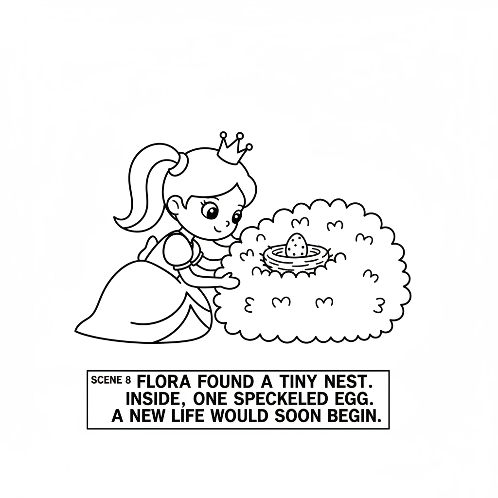 Carefully, Flora discovered a small brown bird's nest tucked safely in a bush. Inside, she saw one tiny, speckled egg, waiting to hatch. She smiled, k