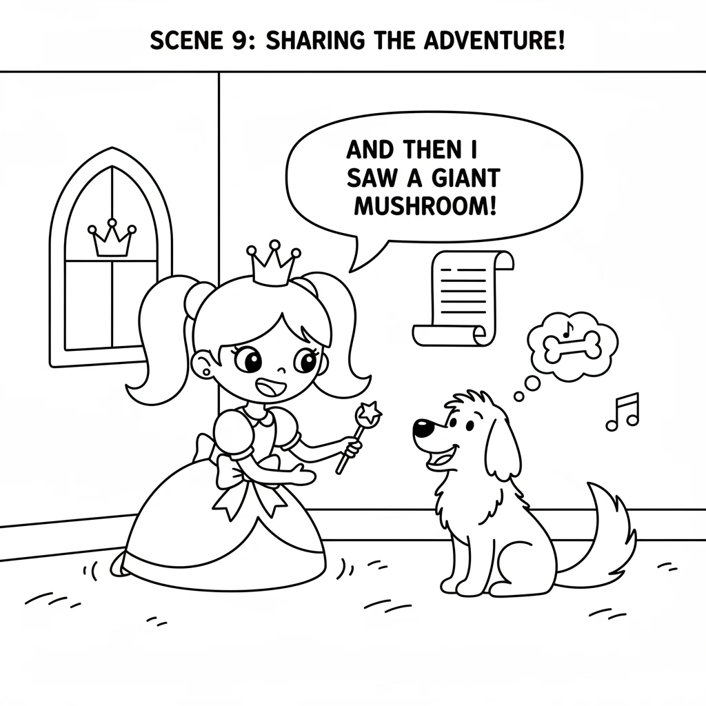 Back at the castle, Flora excitedly shared all her wonderful discoveries with her loyal and friendly dog, Sparky. Sparky wagged his tail happily, list