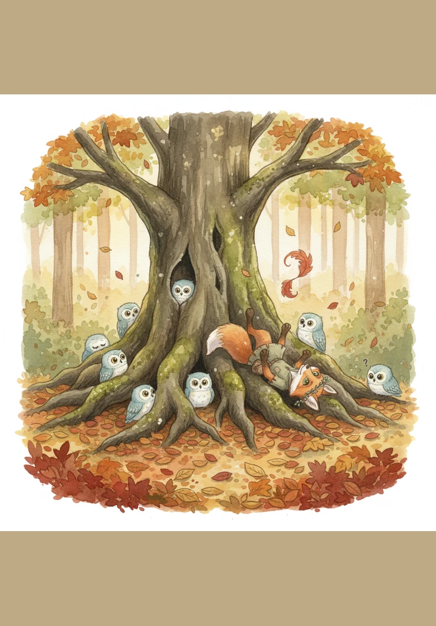 Leo the fox loved the crunch of autumn leaves under his paws as he explored the Whispering Woods. One sunny afternoon, while chasing a swirling leaf, he tumbled right into the roots of an ancient, gnarled oak tree.
