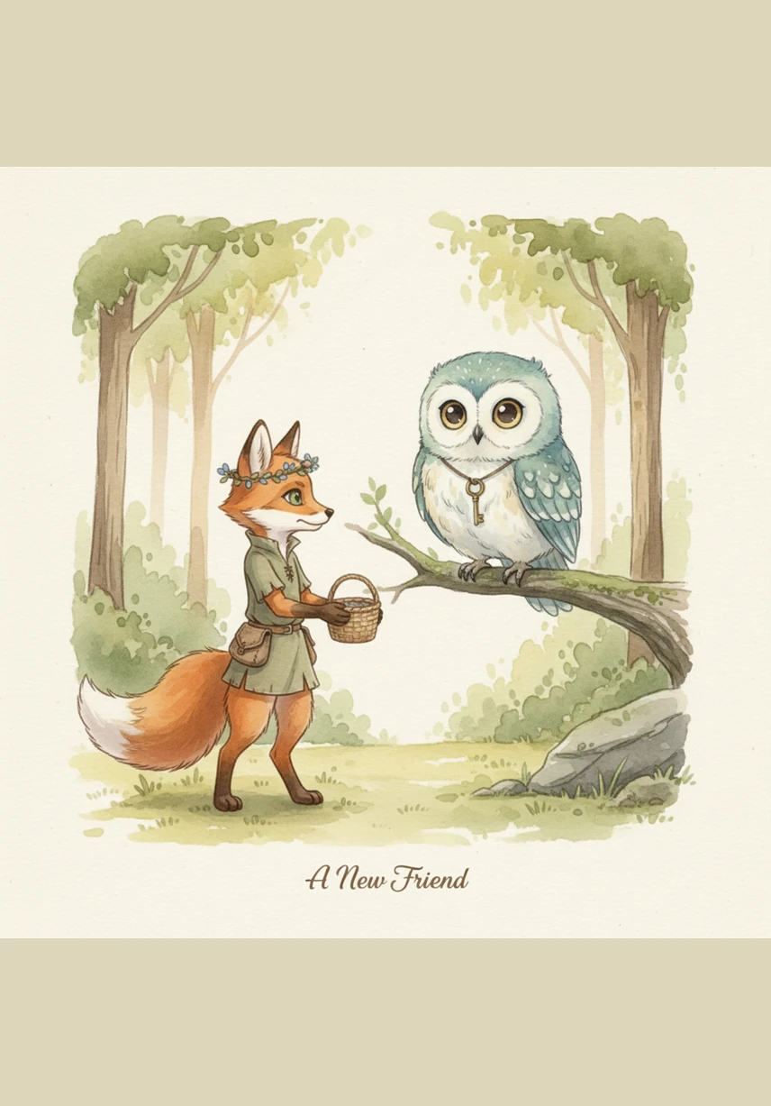 High above, Pip the owl watched with a soft hoot and a curious tilt of her head. She fluttered down from her branch to see if the little fox was alright, and that was the moment their great friendship began.