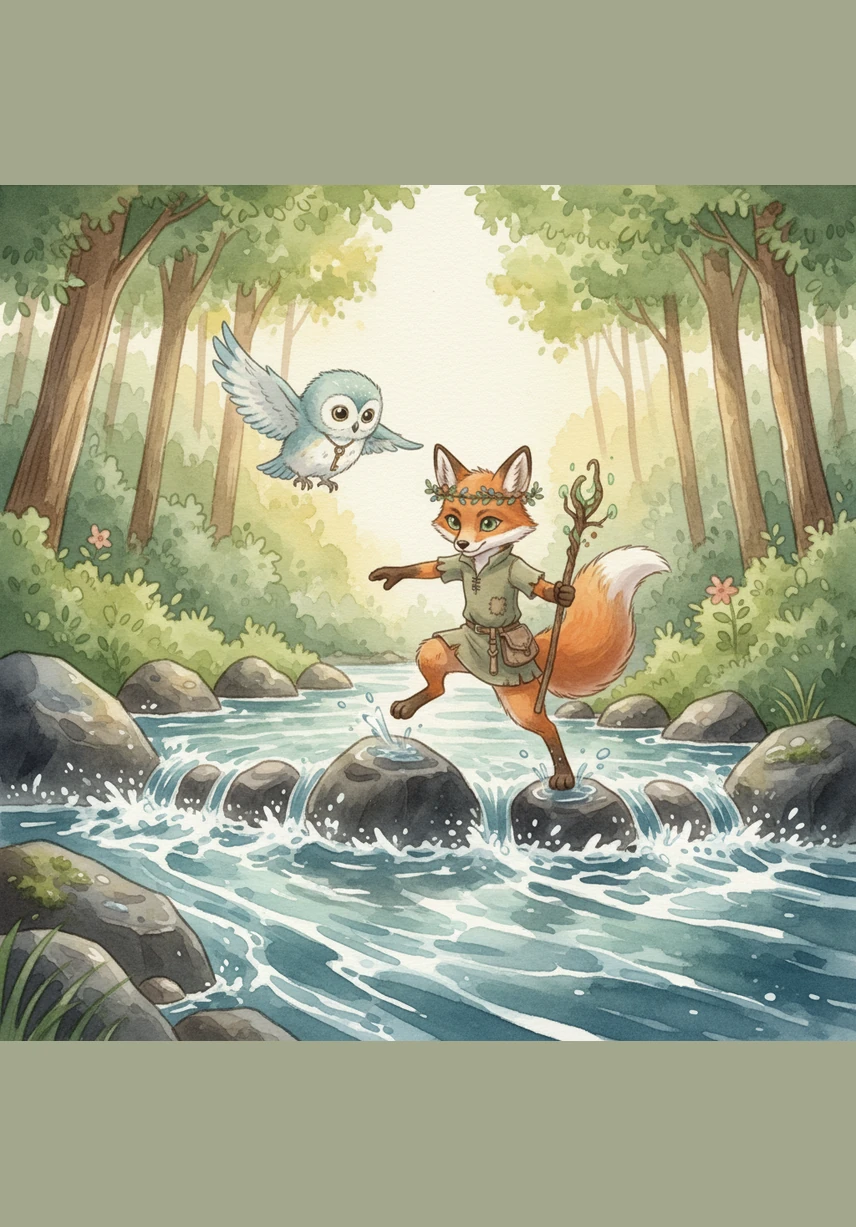 Their path led them to a wide, rushing stream that looked far too deep for a fox to cross alone. Leo found sturdy stones to hop on, while Pip flew ahead to guide him to the safest spots with her keen eyes.