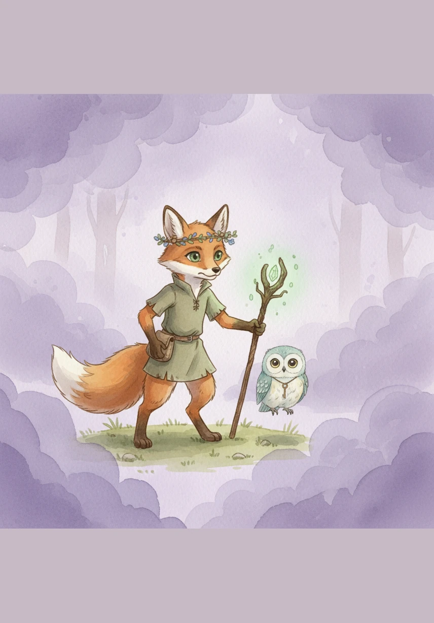 Suddenly, a thick, purple mist rolled in, making it hard for Leo to see his own paws. Pip stayed close, her soft hoots acting like a steady bell in the fog to keep Leo from feeling afraid or getting lost.