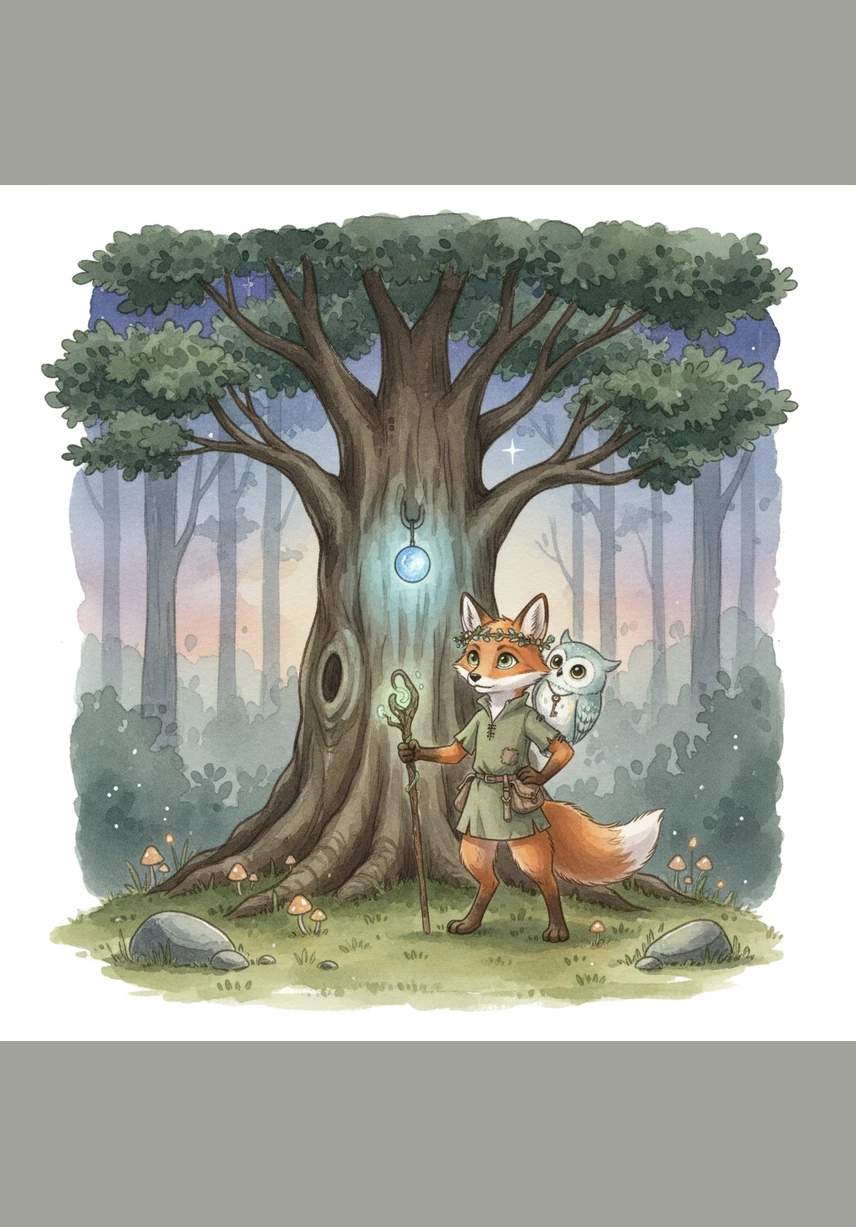 At last, they reached the clearing where the great Star Tree stood, tall and silent against the twilight. The lantern in Leo’s mouth began to glow even brighter, sensing it was finally close to where it belonged.