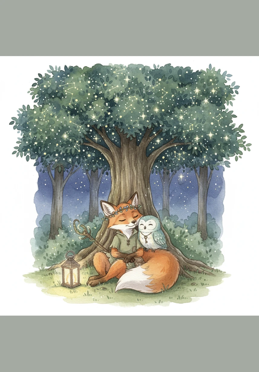 Under the shimmering canopy of the Star Tree, Leo and Pip curled up to watch the night sky. They realized that while the lantern was bright, the light of their friendship was the greatest treasure of all.