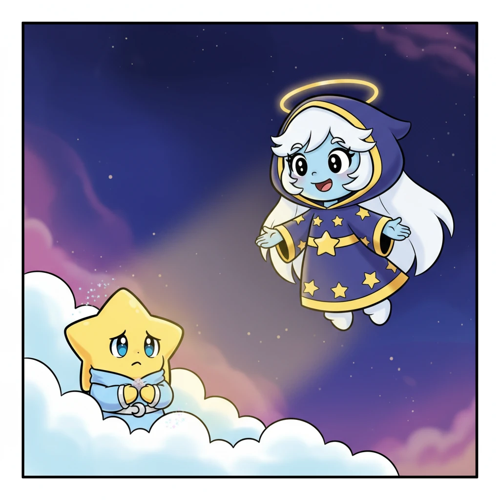 One serene night, the wise and gentle Moon, with a warm, comforting smile, noticed Luma's shyness. The Moon floated closer, its soft glow illuminating Luma's hiding spot. "Why do you hide your beautiful light, little one?" the Moon asked kindly.