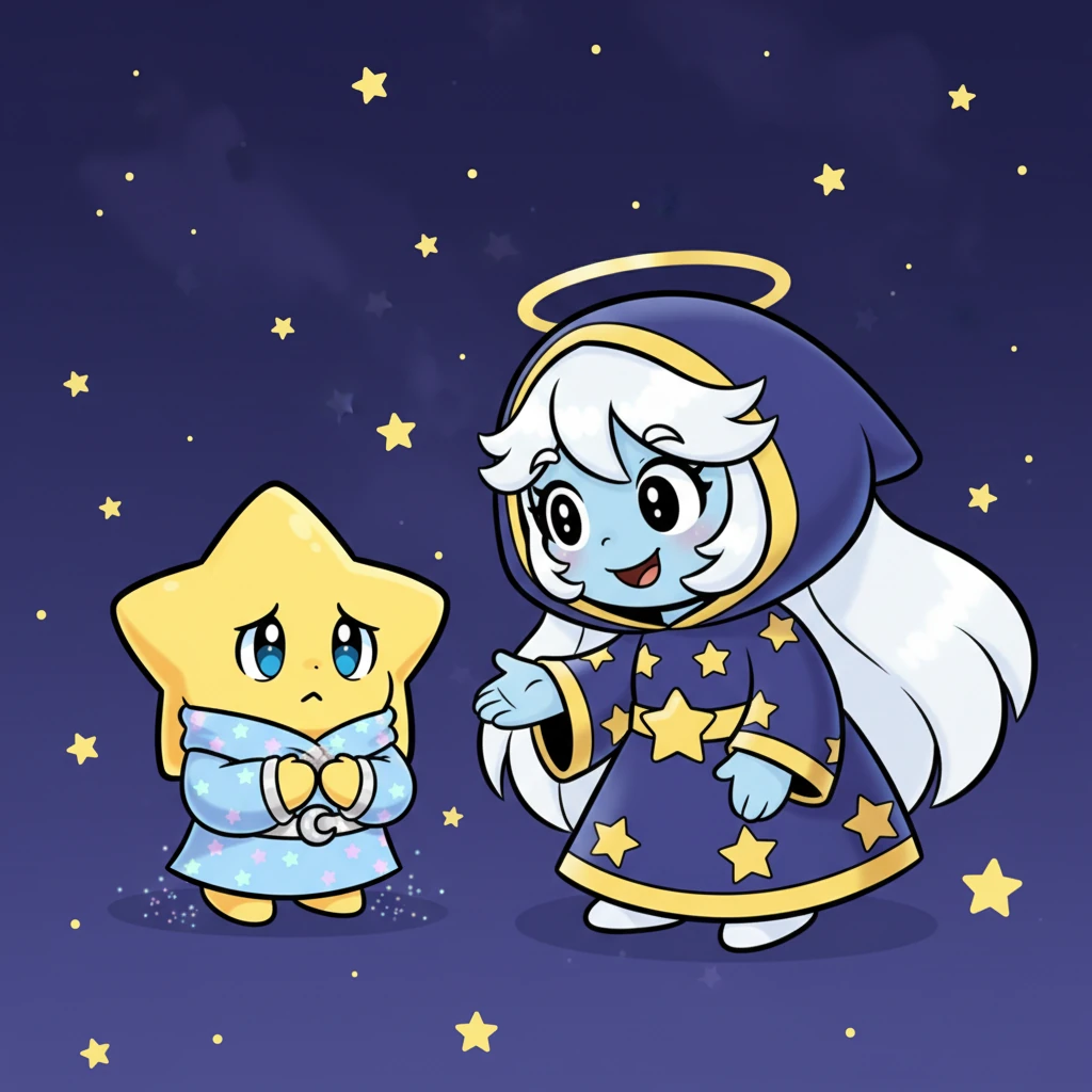 Luma's tiny points trembled. "My light is so small, Moon," she whispered, her voice barely a shimmer. "It's not enough to light up the whole sky like the others." The Moon listened patiently, its eyes full of understanding.