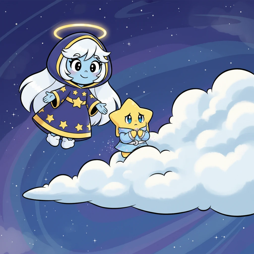 Inspired by the Moon's kind words, Luma took a deep breath, or the stellar equivalent. She edged out from behind her cloud, a tiny, hopeful flicker. She decided to try, just for a moment, to let her small light shine in her own little space.
