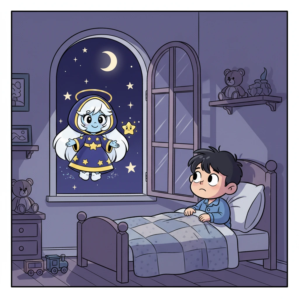 Far below, on a quiet Earth, a child lay in bed, feeling a little scared of the dark shadows in their room. They gazed out the window, hoping to find something comforting in the vast, dark night sky. The world outside felt big and unknown.