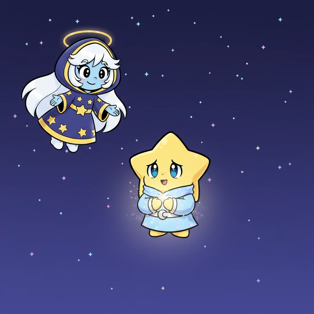 Suddenly, a small, gentle glow caught the child's eye. It was Luma, shining a little brighter than before, a tiny beacon in the enormous night. Her light was soft and steady, a comforting pinprick against the dark expanse.