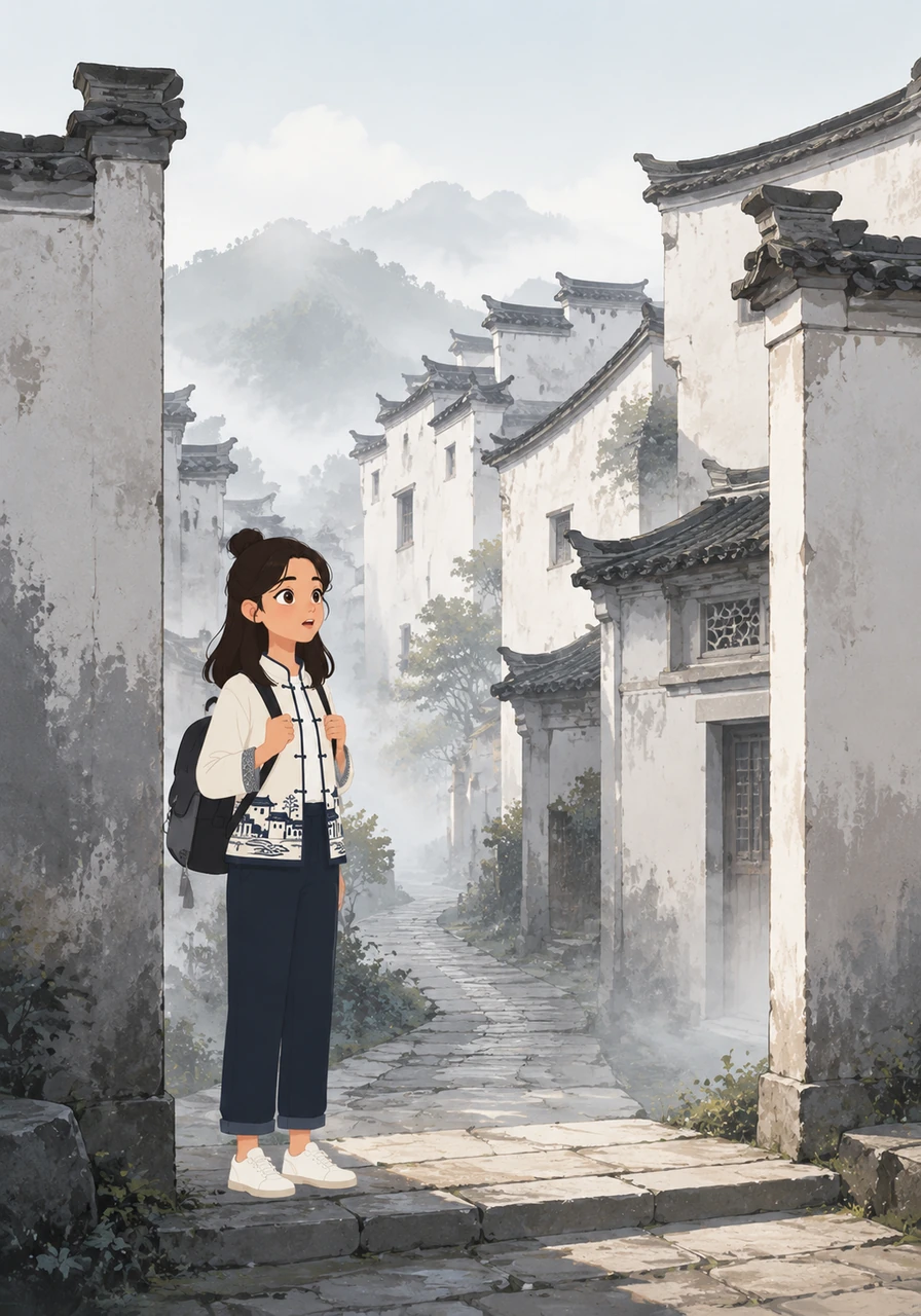 Elena stands at the entrance of an ancient Huizhou village, her eyes wide with wonder at the towering white walls and elegant black-tiled roofs. The morning mist hangs low over the narrow stone paths, making the village feel like a scene from a traditional ink-wash painting.