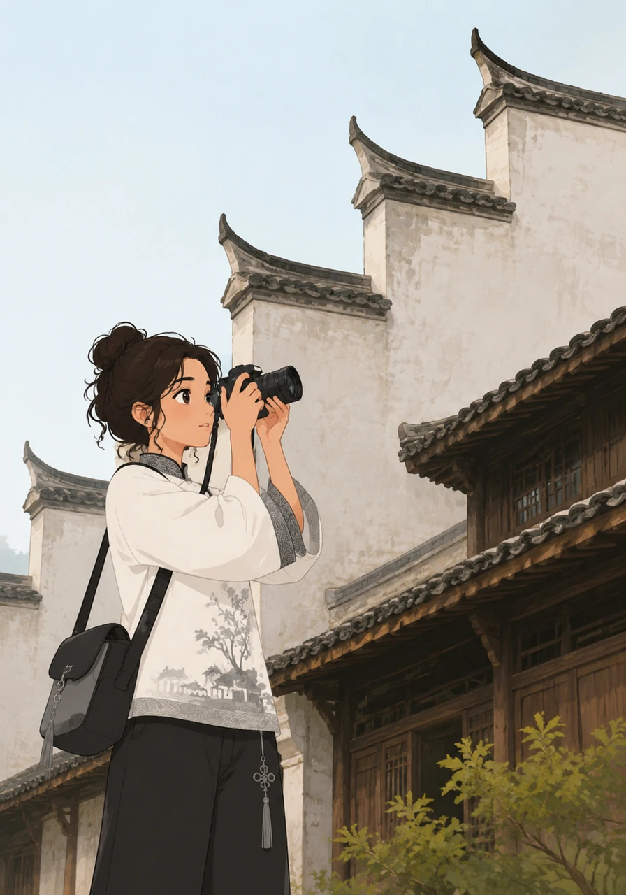 She raises her camera to capture the unique silhouette of the Horse-head walls, known as Ma Tou Qiang, which rise like steps against the pale sky. Elena is fascinated by how these architectural features were designed not just for beauty, but to protect the wooden homes from fire.