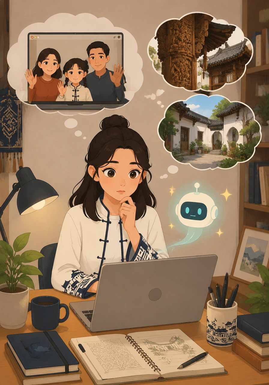 Back at her desk, Elena opens her laptop to share these wonders with her family across the ocean, but she struggles to find the right words to describe the intricate wood carvings and peaceful courtyards. She decides to use an AI art tool to help visualize the fusion of her two worlds.