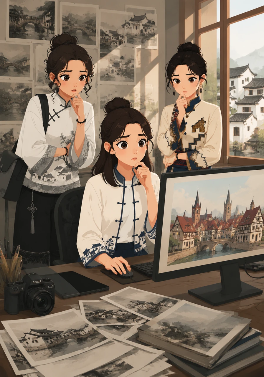 The first image the AI generates looks nothing like Huizhou; instead, it shows a generic European village with pointed steeples and red bricks. Elena realizes the algorithm has a bias, and she must work harder to guide it toward the authentic spirit of the place she has come to love.