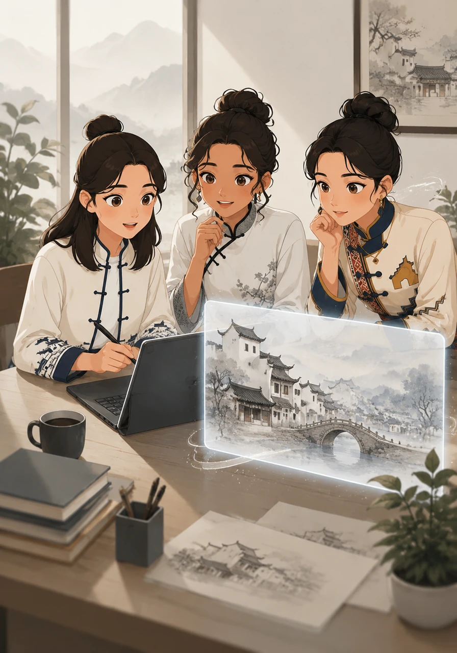 She carefully rewrites her prompts, adding specific terms like Huizhou architecture and ancestral halls while describing the soft, diffused light of the Anhui province. Slowly, the digital canvas begins to reflect the true character of the Horse-head walls and the quiet dignity of the stone bridges.