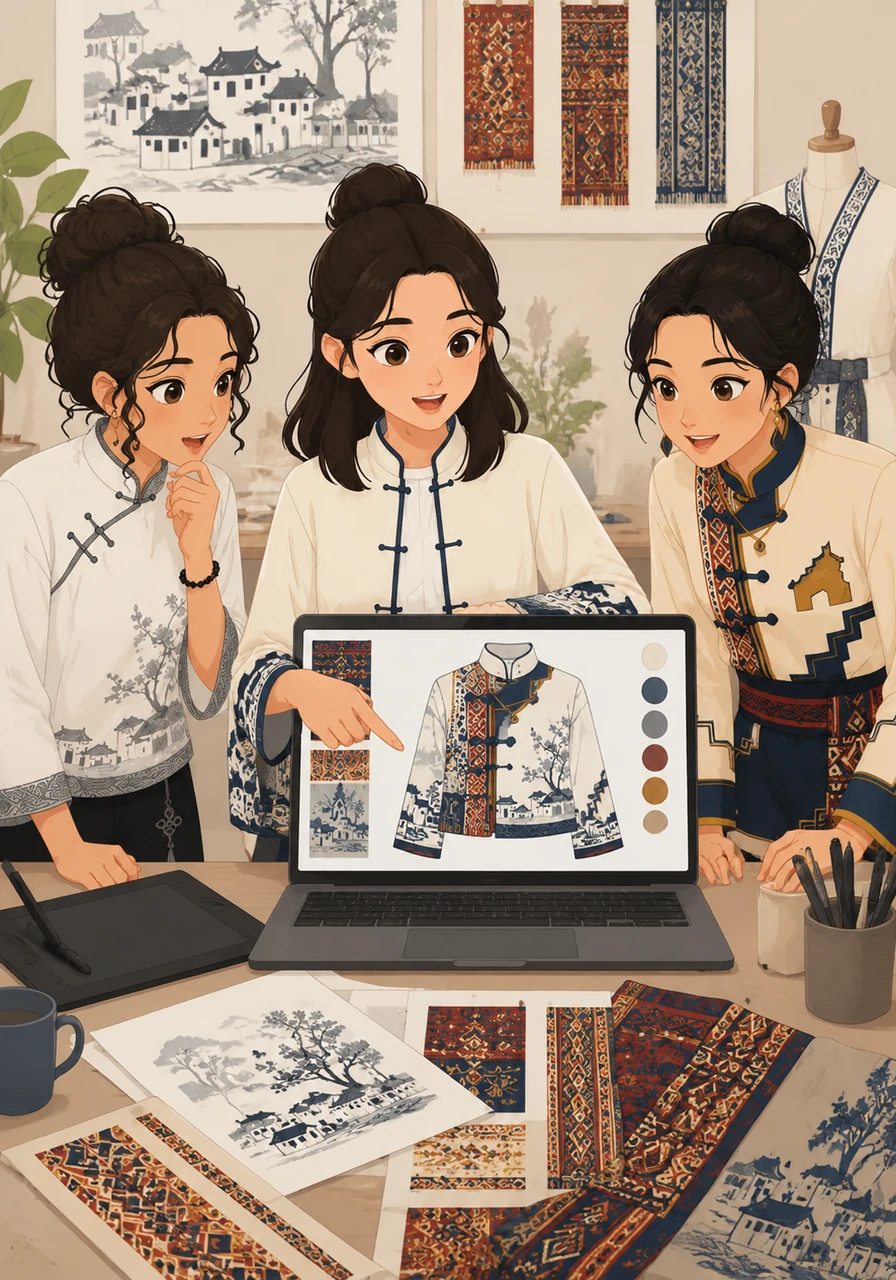 To make the story relatable to her friends back home, Elena introduces vibrant patterns from her own culture into the digital designs. She blends the monochrome elegance of the Chinese village with the warm, colorful textiles of her heritage, creating a stunning visual hybrid.