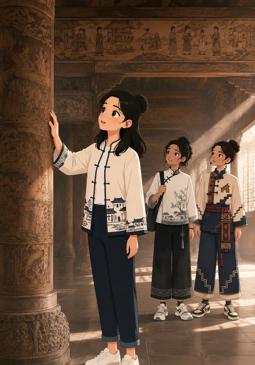 Elena spends the afternoon in a grand ancestral hall, touching the ancient pillars and studying the delicate stories carved into the beams. She realizes that her role has shifted from a mere observer to a storyteller who can bridge the gap between past and present.