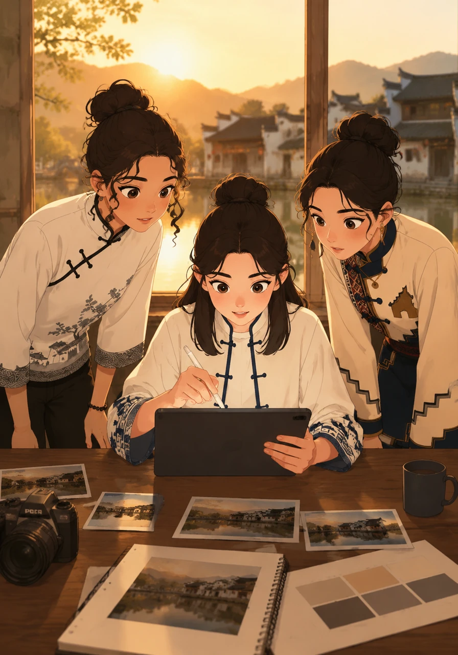 Using her tablet, Elena meticulously layers her own photographs with the AI-generated elements to ensure every detail is accurate and meaningful. She corrects the digital lighting to match the golden hour she experienced while walking along the Moon Pond in Hongcun.