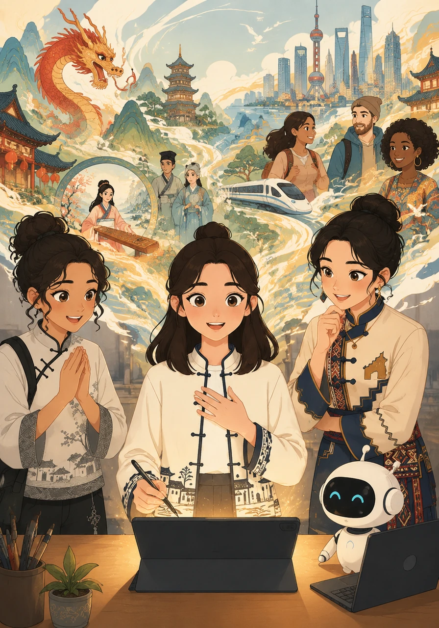 The final pages of her digital storybook come to life, showing a world where ancient Chinese traditions and modern global perspectives coexist in harmony. Elena feels a sense of pride as she sees her own creative identity reflected in her ability to master the technology.
