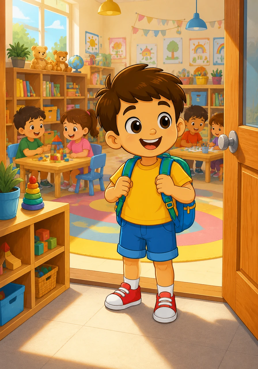 Leo stands at the threshold of a sun-drenched classroom, holding his backpack straps with a hopeful expression. The room inside is a kaleidoscope of colors, filled with low wooden tables and shelves overflowing with books and toys.