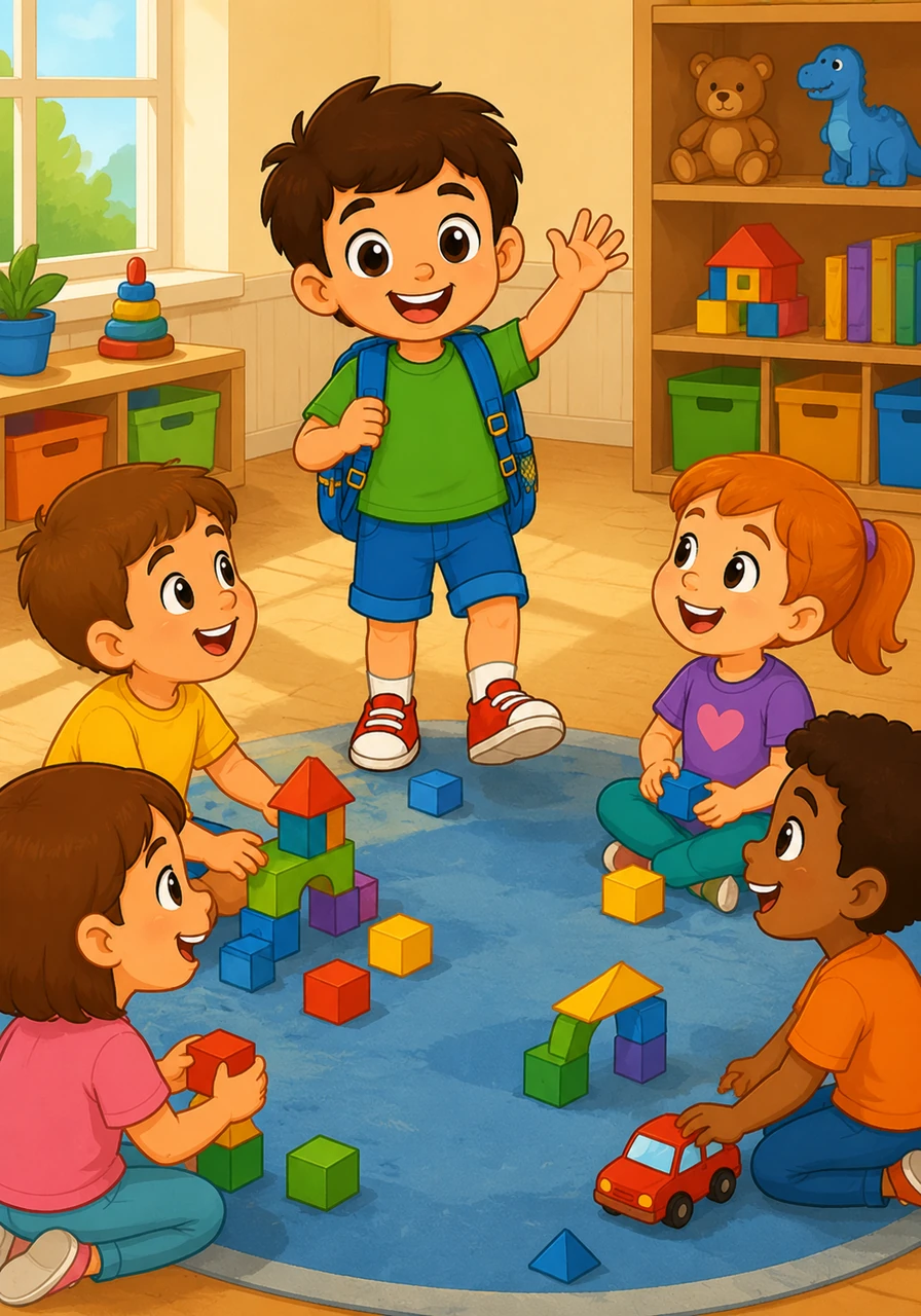 Leo walks into the center of the room with a joyful wave, his eyes sparkling as he catches the attention of his peers. A group of diverse children look up from their play, their faces breaking into warm, welcoming smiles as they see their friend arrive.