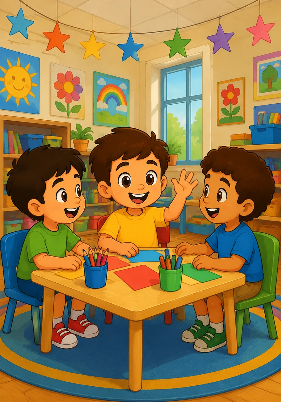 Leo sits down at a small table with his classmates, sharing a moment of laughter and a friendly greeting. The classroom is a cozy haven of learning, decorated with paper stars hanging from the ceiling and bright artwork displayed proudly on the walls.