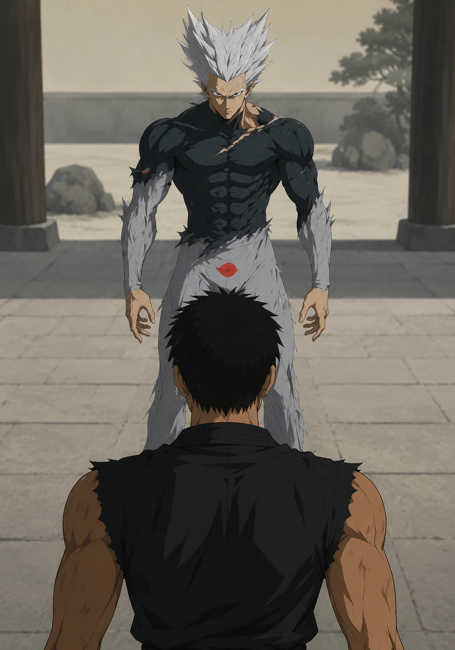 A single, crimson rose petal drifts gently through the tense air, a stark contrast to the tears welling in the young challenger's eyes. The emotional weight of the upcoming clash hangs heavily between the two martial artists.