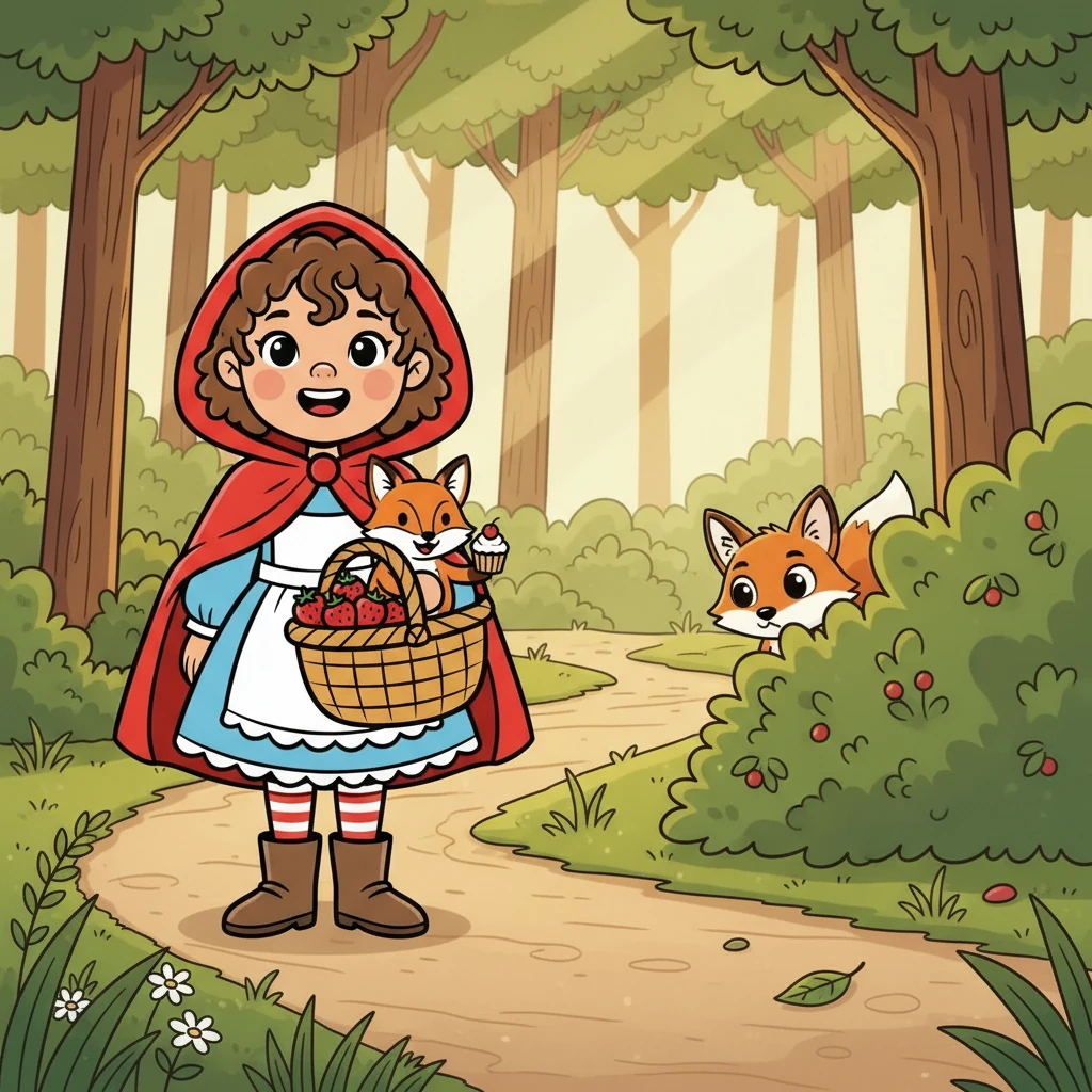 Suddenly, a little fox named Finley peeked from behind a bush. He had big, curious eyes that followed Lily's basket. He seemed shy but very interested in what she was carrying.