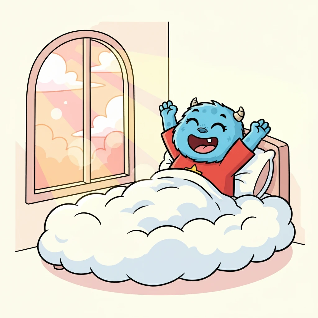 Pluk acordou em sua cama macia, feita de nuvens fofinhas. Seus olhos grandes e redondos brilhavam de alegria ao vislumbrar o sol entrando pela janela. Ele bocejou e se espreguiçou, pronto para mais um dia cheio de aventuras.