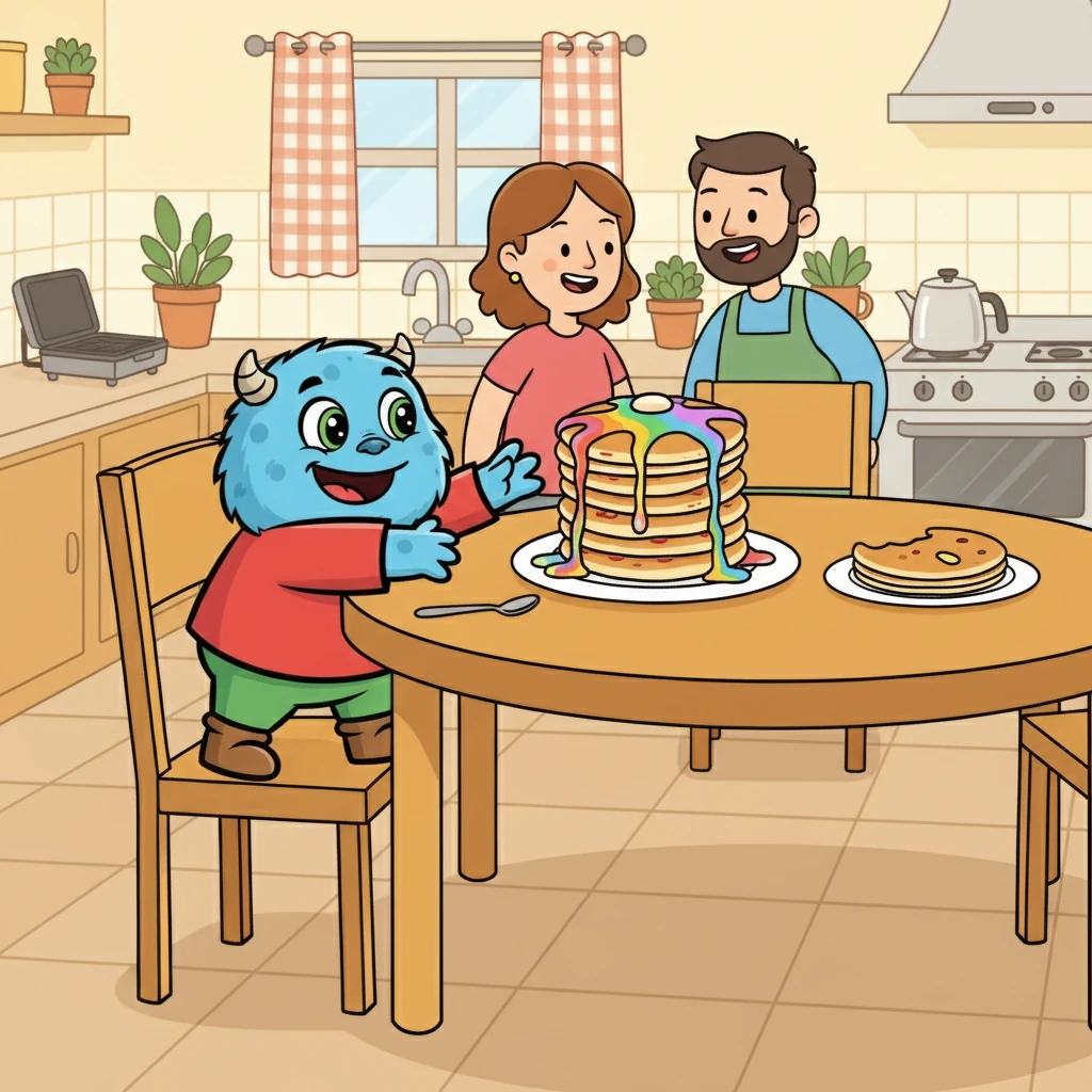 Na cozinha, seus pais humanos preparavam um café da manhã delicioso. Pluk, com suas antenas balançando, correu para a mesa e se sentou, ansioso para experimentar as panquecas com calda de arco-íris.