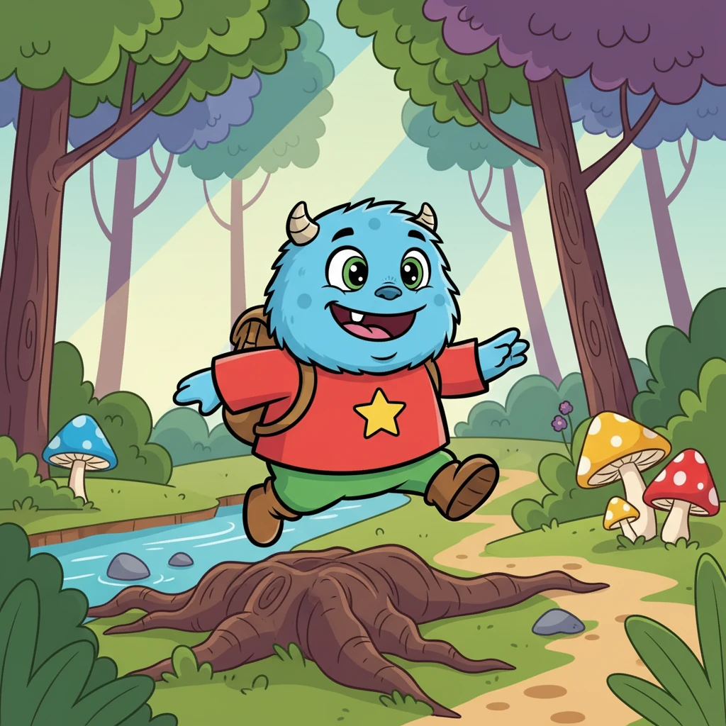 Depois do café, Pluk decidiu explorar a floresta mágica que ficava no quintal. Ele pegou sua mochila cheia de guloseimas e partiu, animado com o que poderia encontrar.