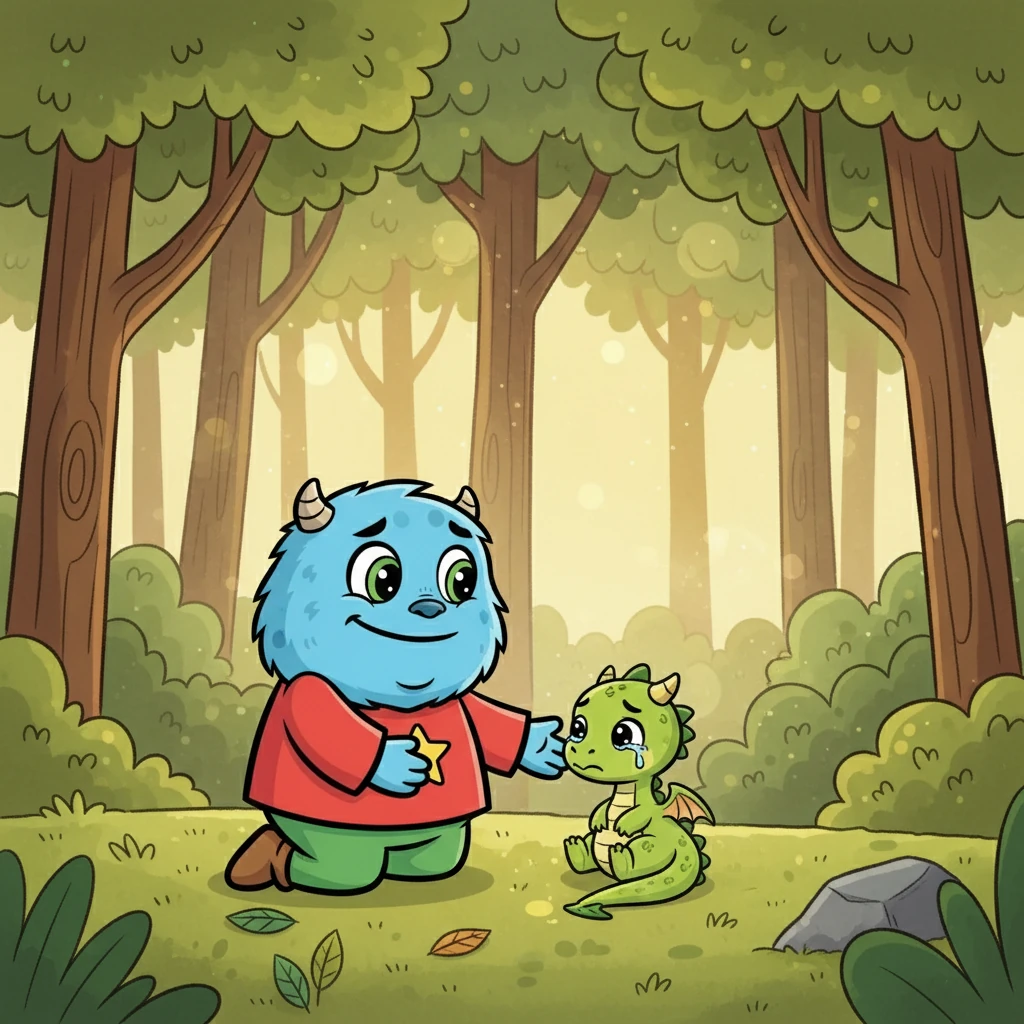 No meio da floresta, Pluk encontrou um pequeno filhote de dragão chorando. Ele parecia ter se perdido de sua família. Pluk, com seu coração bondoso, decidiu ajudar.