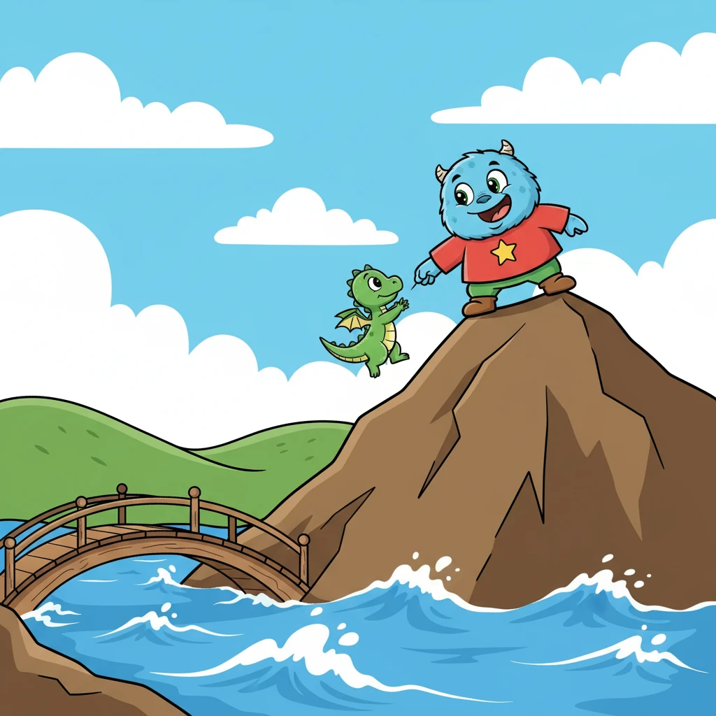 Pluk e o filhote de dragão, juntos, seguiram um caminho cheio de obstáculos. Eles enfrentaram rios turbulentos e montanhas altas, sempre um ajudando o outro.