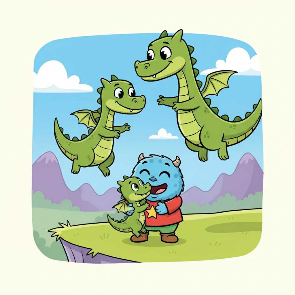 Finalmente, eles avistaram a família do dragão. Os pais dragões, aliviados, voaram para abraçar seu filhote, agradecendo a Pluk por sua ajuda.