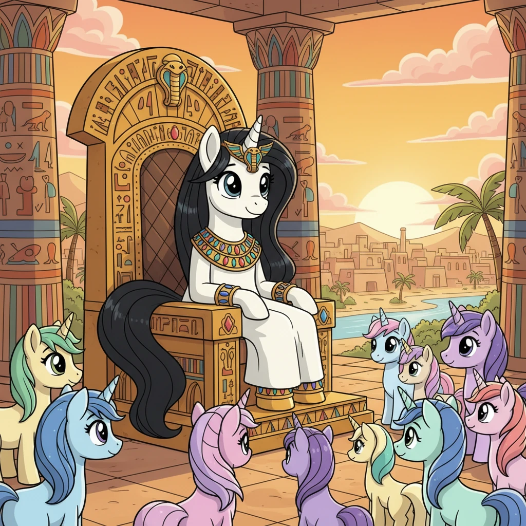 Saahira, a magnificent pure white alicorn with a flowing black mane and tail, smiled gently from her golden throne. Surrounded by adoring unicorn subjects, she ruled ancient Egypt with boundless kindness and wisdom. Her kingdom thrived under her benevolent gaze, a beacon of peace in the desert lands.